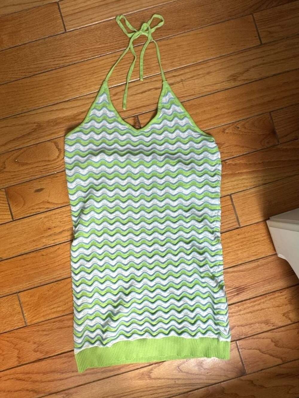 Crochet Halter Dress Size L Green White Chevron Knit Mini Y2K Festival 90’s